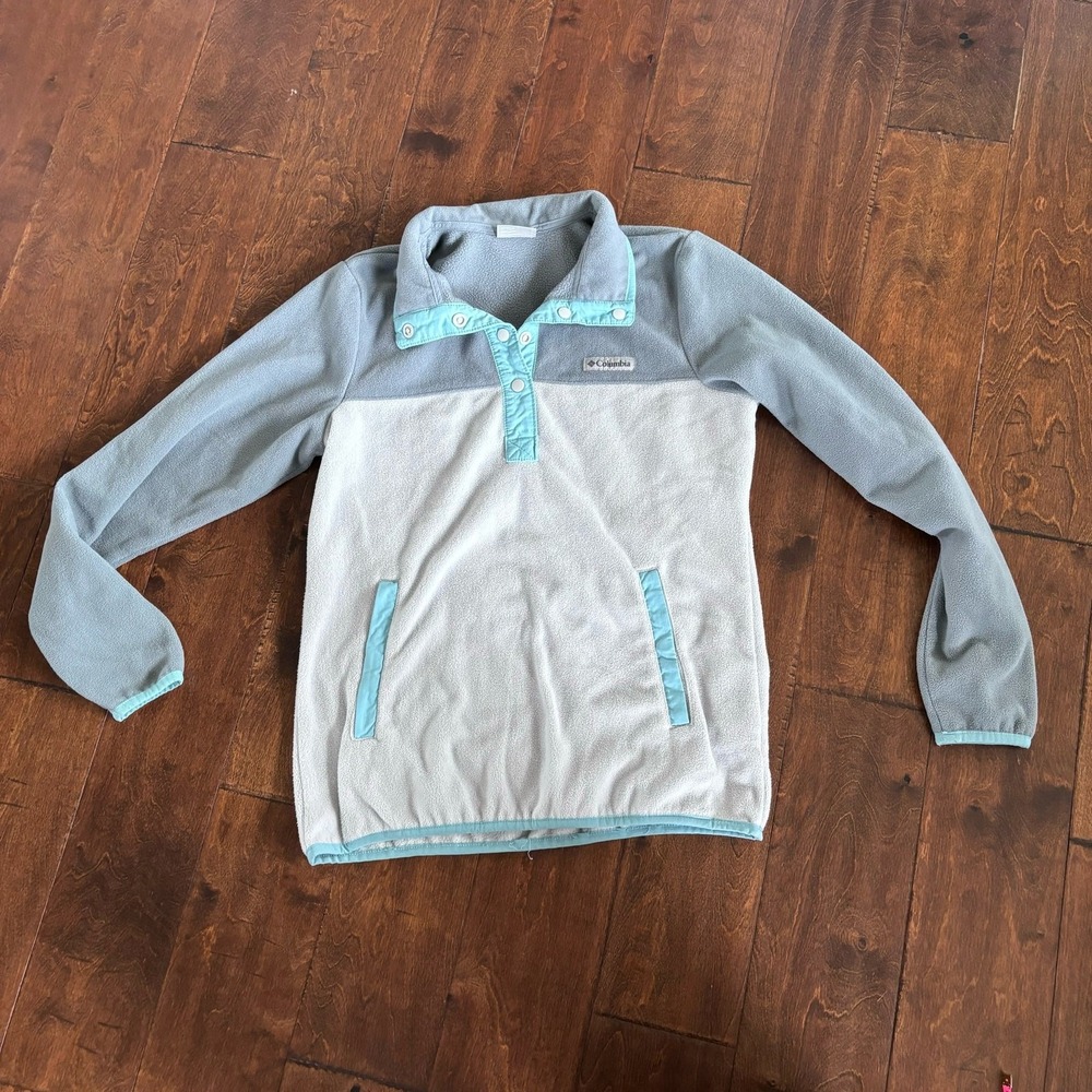 Columbia Women's Small Pullover Fleece Gray Green 1/4 Snap Up Sweatshirt
